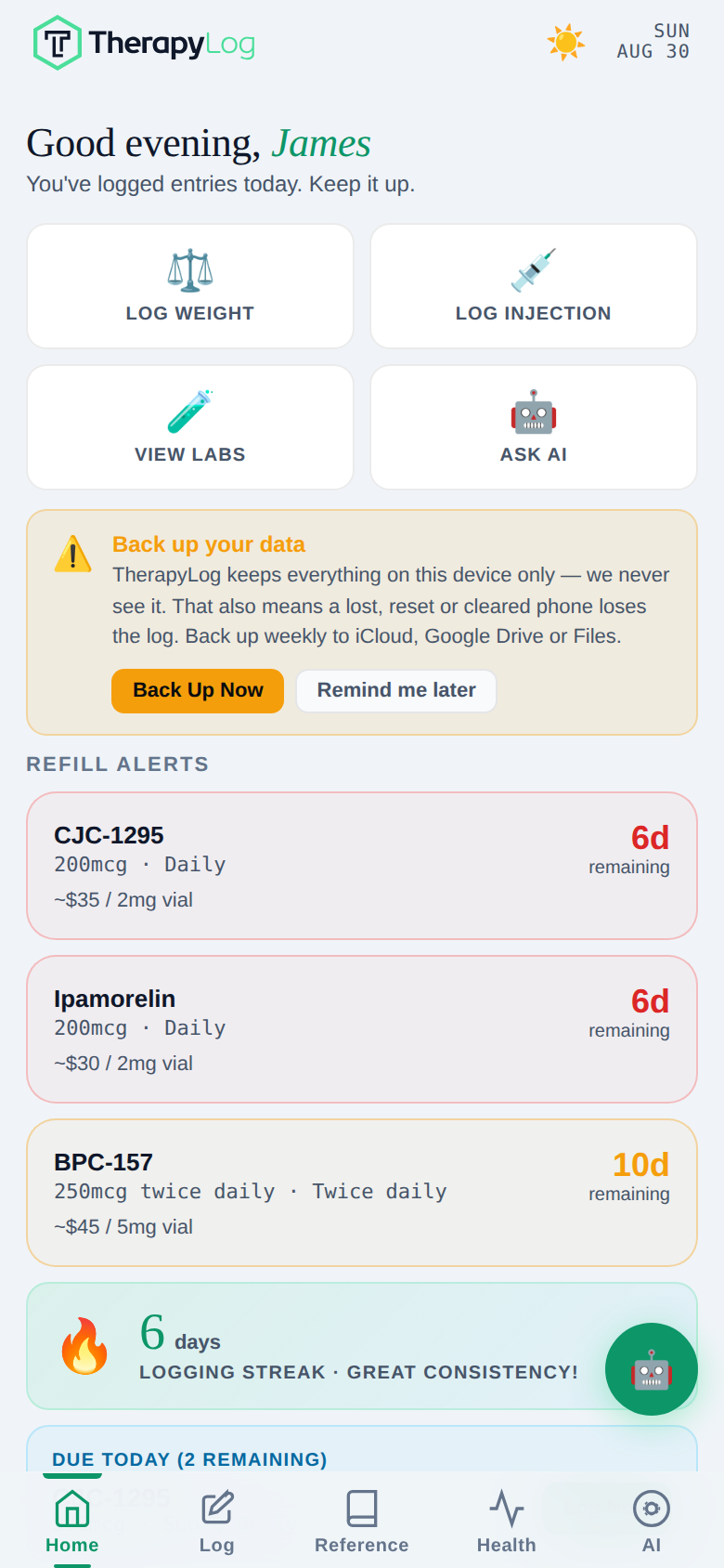 The TherapyLog home screen showing a greeting, four quick-action tiles for logging weight, injections, labs and asking the AI, a backup reminder, refill alerts counting down days remaining on three peptides, and a logging streak.