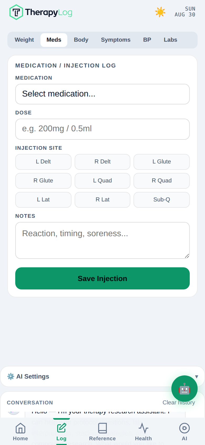 The Log tab's Meds section, with fields for compound, dose and injection site.