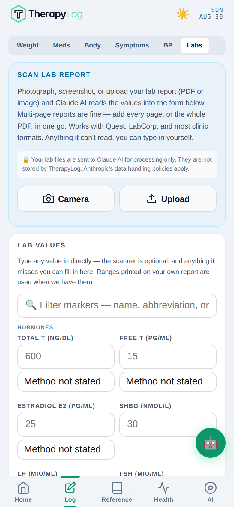 The Labs entry form, a long list of labelled numeric fields for bloodwork markers with unit selectors.