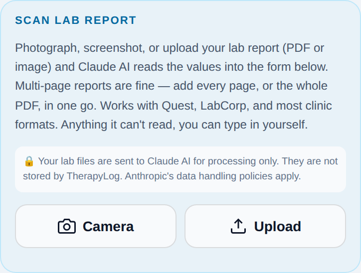 The Scan Lab Report card, explaining that you can photograph, screenshot or upload a lab report as PDF or image, that multi-page reports are fine, and that files are sent to Claude AI for processing only and are not stored. Two buttons: Camera and Upload.