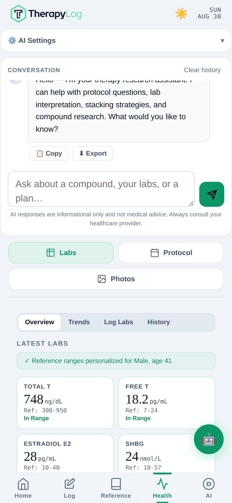 The Health tab showing latest labs as a grid of cards. Total T, Free T, Estradiol, SHBG, hematocrit and others read In Range in green; LH and FSH read Out of Range in red.