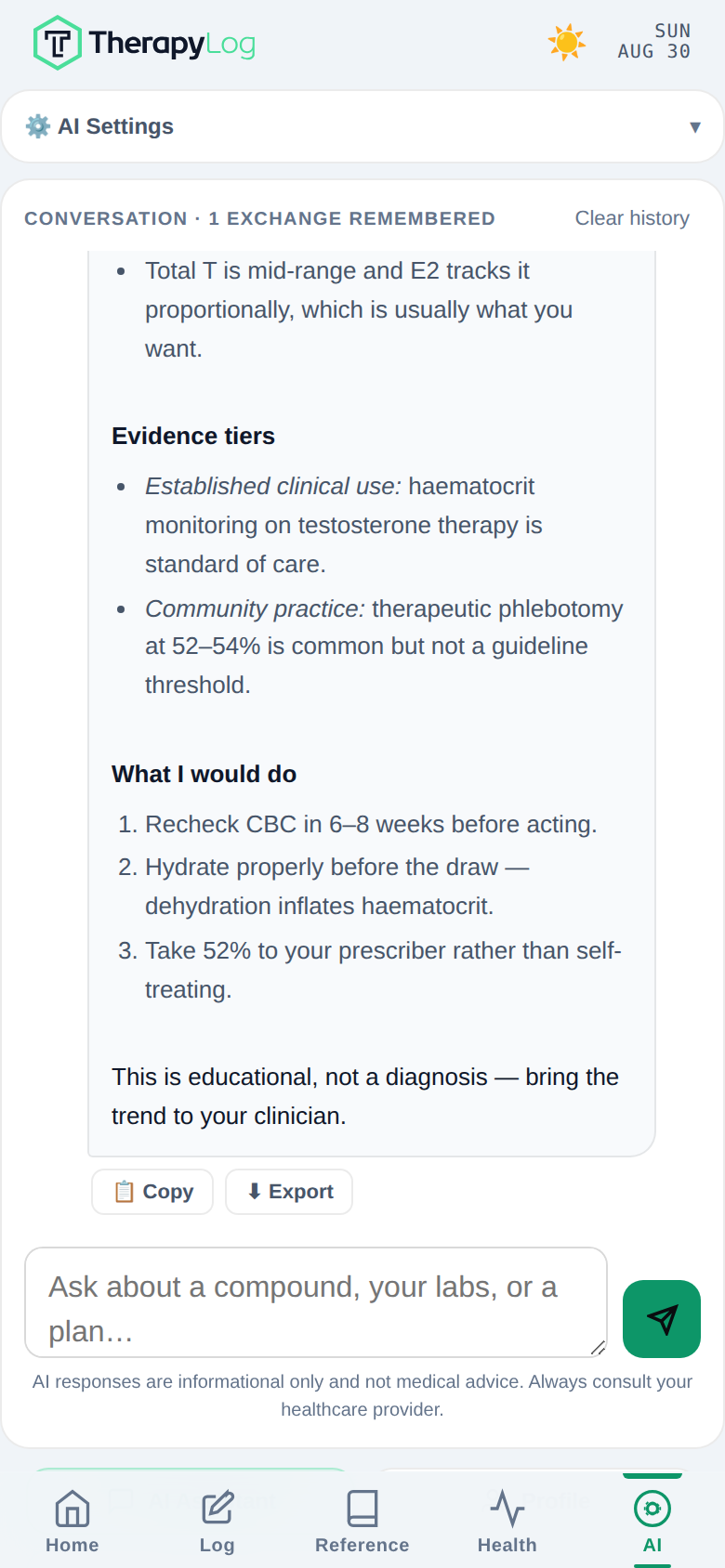 The AI tab showing a research answer with three numbered recommendations about rechecking a CBC, hydration before a blood draw, and taking a 52 percent haematocrit to a prescriber, closing with a note that the answer is educational and not a diagnosis.