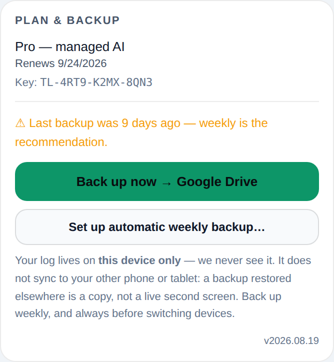The Plan and Backup card in Settings, showing the Pro managed AI plan with a renewal date and license key, a warning that the last backup was 9 days ago, a Back up now to Google Drive button, and a Set up automatic weekly backup option.