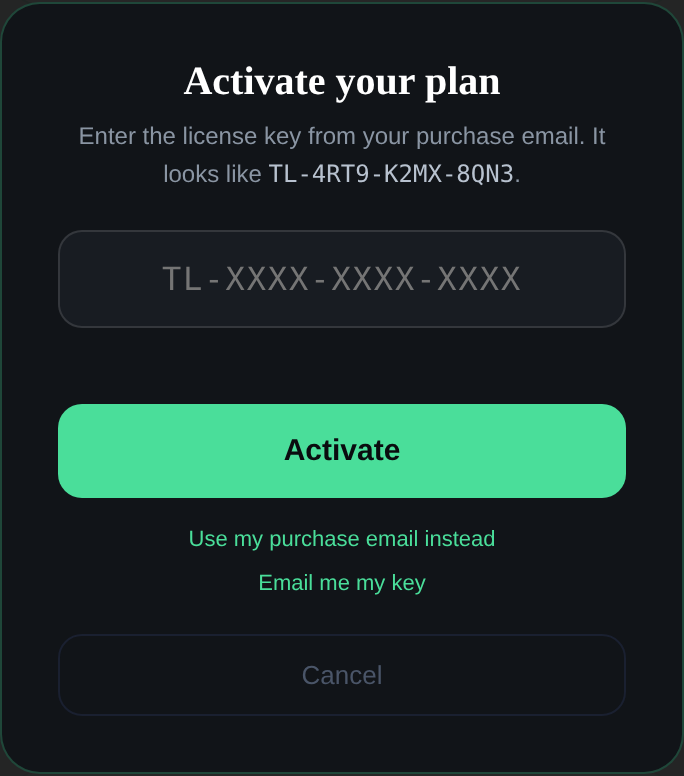 The Activate your plan dialog, with a field for a license key formatted TL-XXXX-XXXX-XXXX, an Activate button, and links reading Use my purchase email instead and Email me my key.