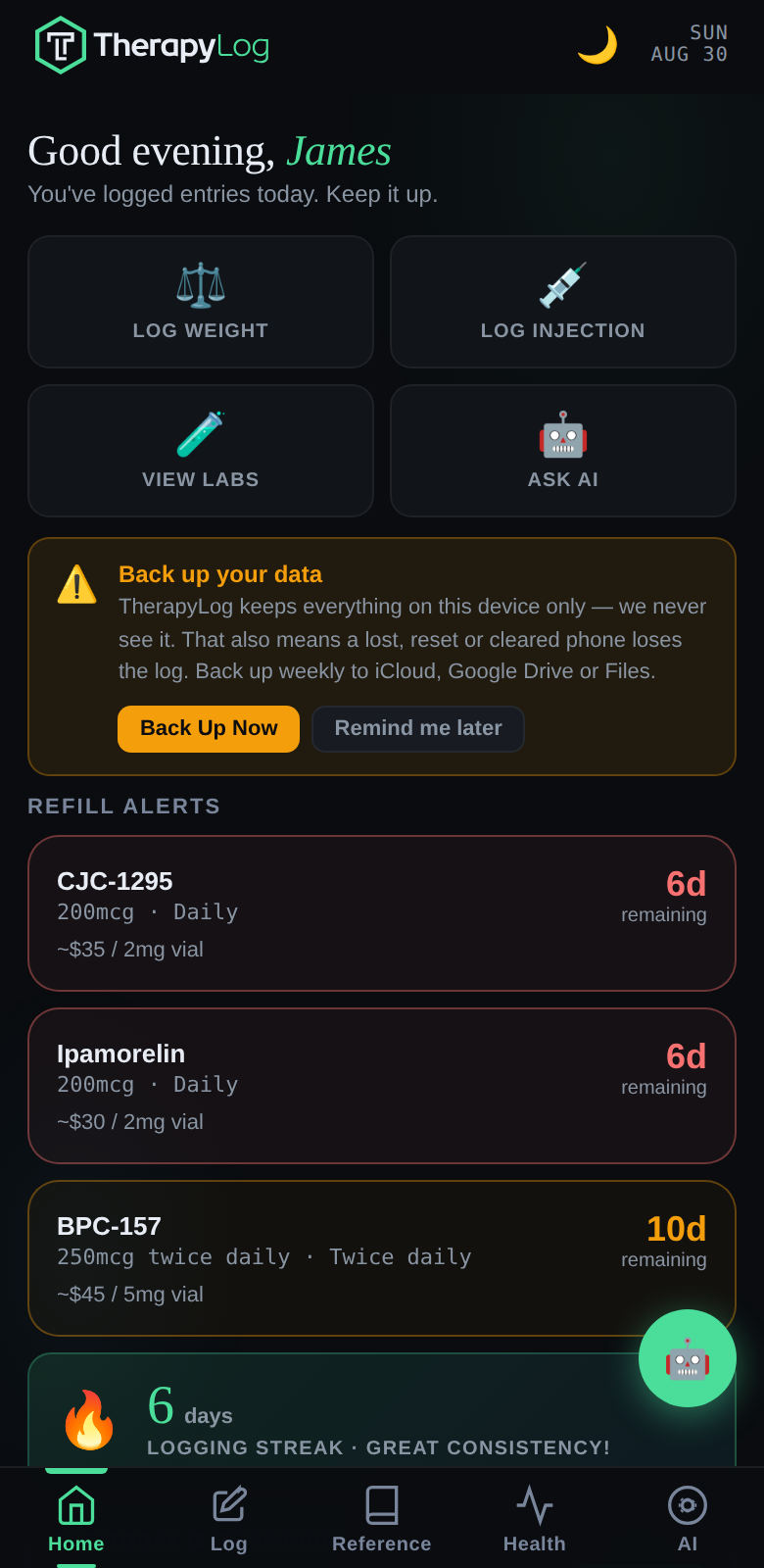 TherapyLog dashboard with refill alerts and logging streak
