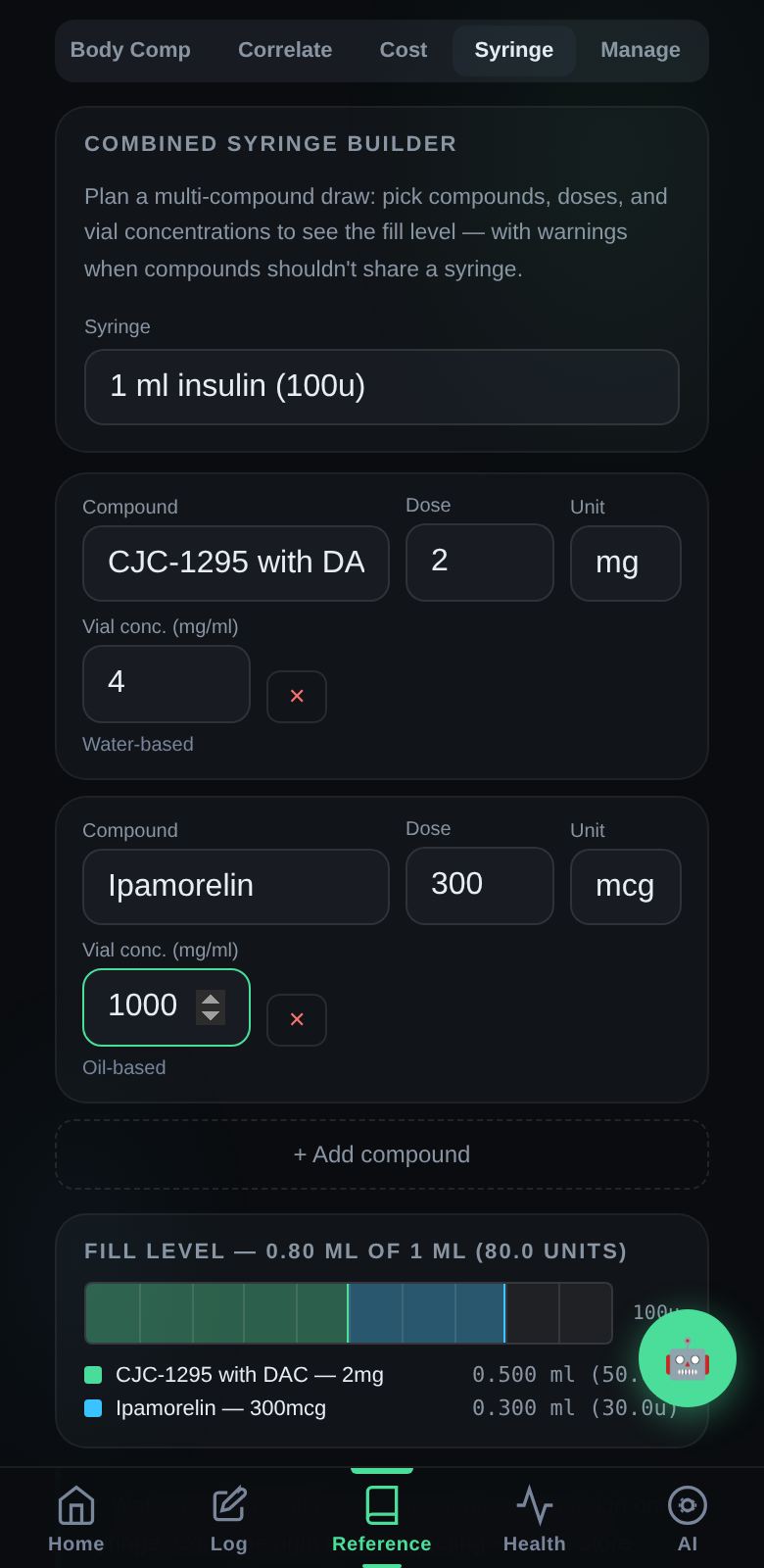 Combined syringe builder with fill level and compatibility warnings